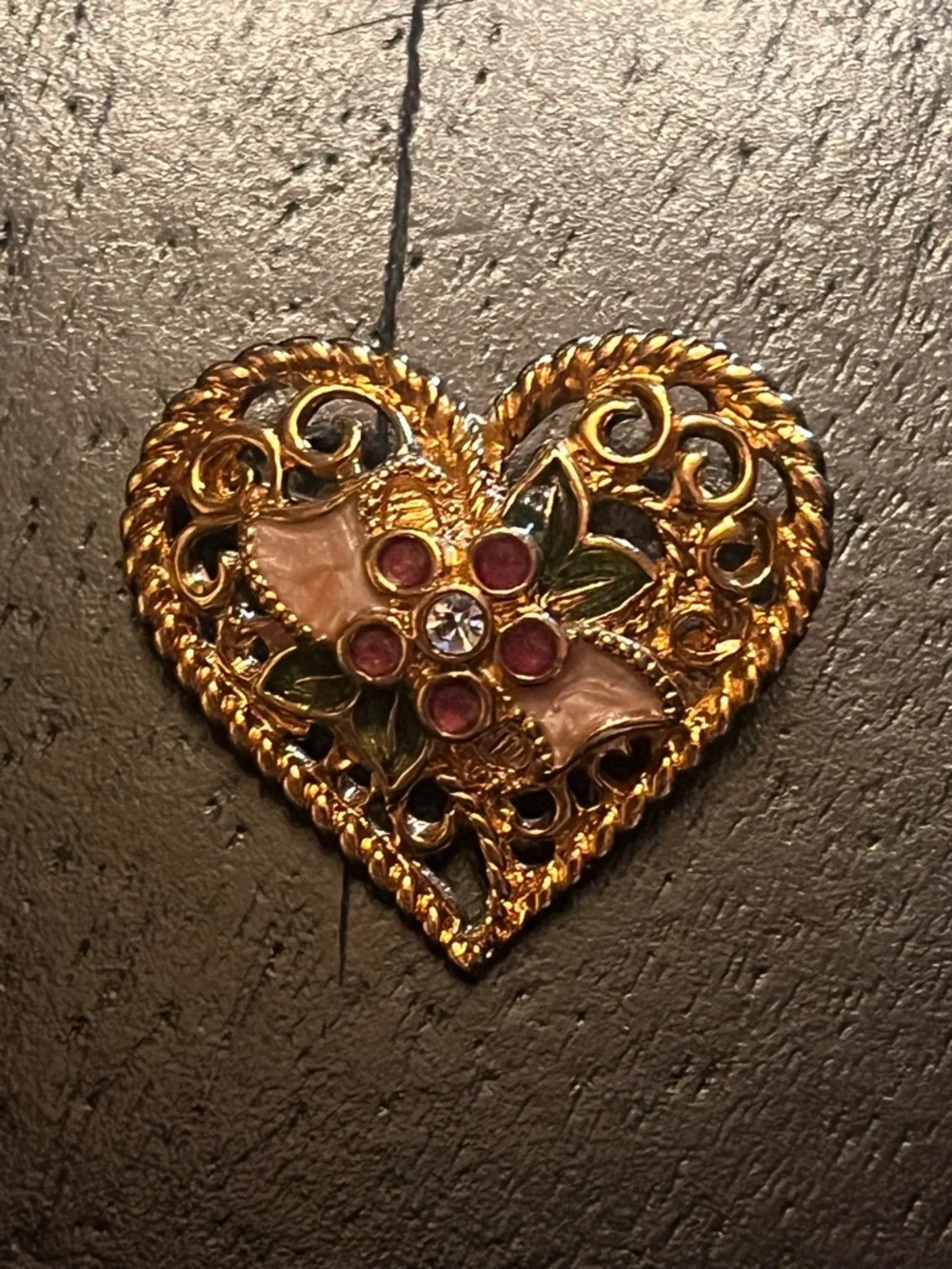 Avon Gold Tone Heart Brooch or Pendant with Pink Enamel and Green Accents